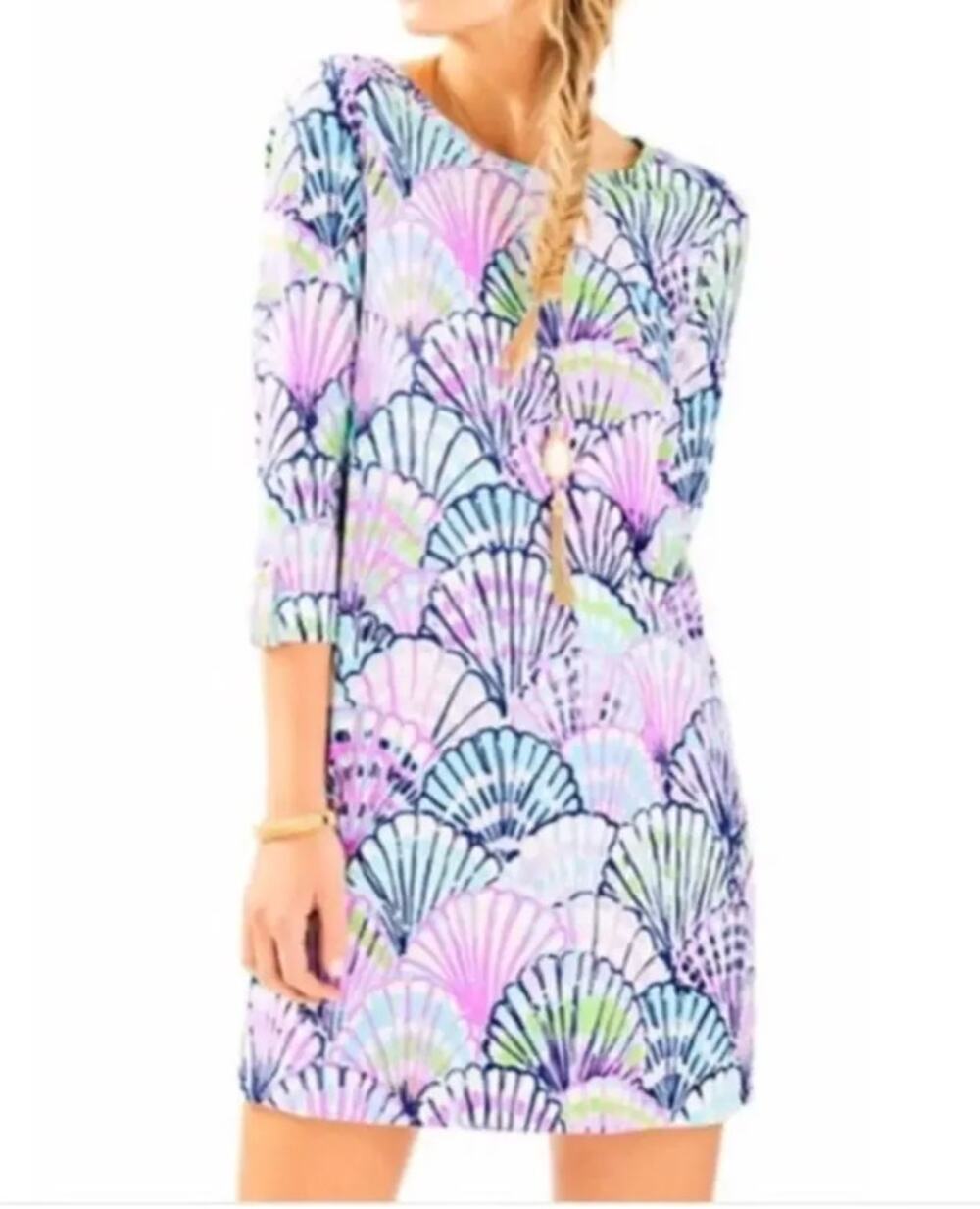 Lilly Pulitzer Oh Shello 3/4 Sleeve Seashell Mini T-Shirt Dress Pink Blue Large